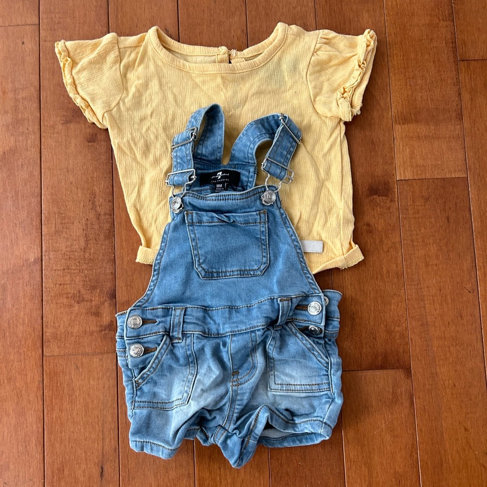Yellow shirt and jean overalls set